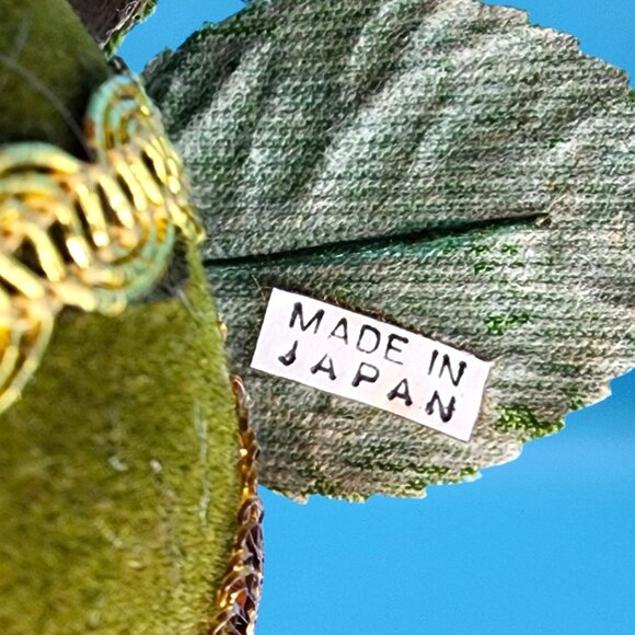 Vintage 1960s Spun Cotton Chenille Elf in Flocked Green Apple Ornament Japan - Picture 9 of 10